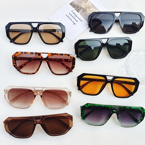 Lunettes De Soleil Carrées Surdimensionnées Vintage Rétro Double Pont Protection UV400 Monture Résine Verres PC Mode Femmes Hommes
