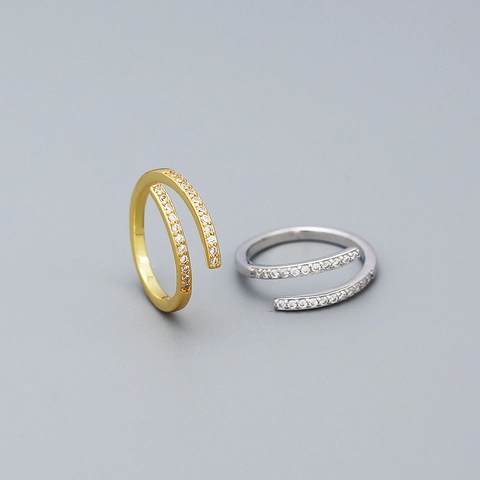 925 Sterling Silver Open Ring Geometric Double Row Zirconia Adjustable Minimalist Fashion Jewelry For Women