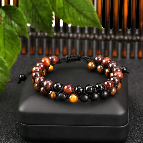 Double Layer Beaded Bracelet Tiger Eye Natural Stone Adjustable Braided Rope Matte Beads Handmade Jewelry Gift Men