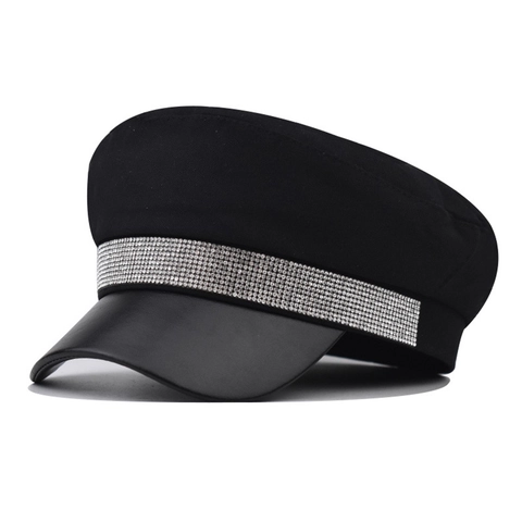 Casquette Gavroche Chapeau Militaire Coton Bord En Cuir PU Ceinture En Strass Top Plat Mode Style Britannique