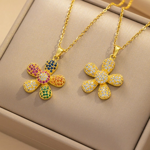 Collana Con Ciondolo A Girasole Placcata Oro Acciaio Inossidabile Zirconia Colorata Strass Gioielli Floreali Vintage Per Donna