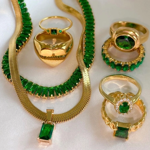 18K Gold Plated Stainless Steel Ring With Green Zircon For Women Vintage INS Style Waterproof Jewelry Elegant
