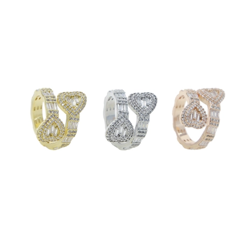 Bypass Hart Ring Koper Zirconia Baguette Rond Geslepen Verstelbaar Mode Hip Hop Sieraden Voor Dames