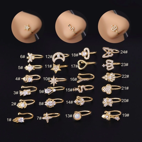 Non Pierced Nose Clip Fake Nose Ring Copper Micro Inlaid Zircon Star Moon Butterfly Snake Shape Jewelry For Women