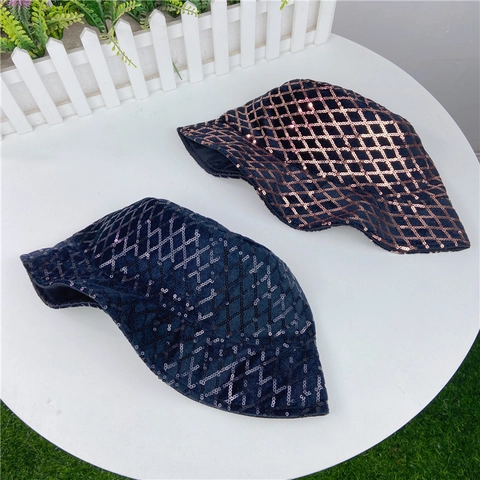 Women Sequin Bucket Hat Cotton Polyester Diamond Lattice Pattern Fashion Chic Retro Party Clubwear Glamorous Accessory