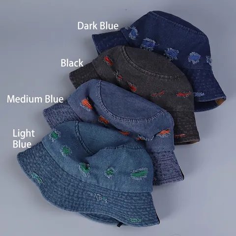 Cappello Bucket In Denim Distressed Cuciture Colorate Fori Sfilacciati Patch In Pelle Streetwear Retrò Protezione Solare Uomo Donna