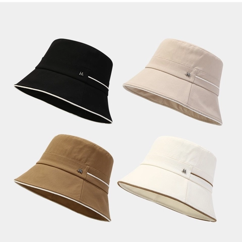 Women Bucket Hat Breathable Polyester Sun Protection Foldable Beach Sunhat With Metal Letter M Decoration Versatile