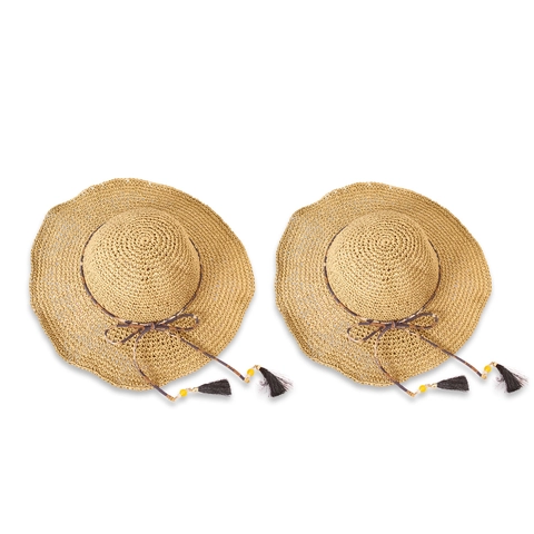Cappello Da Sole In Paglia A Tesa Larga Da Donna Spiaggia Estate Nastro Leopardato Nappina Perline Protezione UV Pieghevole