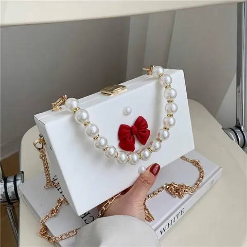Damen PU Künstliche Perlen Griff Abend Box Tasche Bogen Dekoration Metall Kette Elegante Schulter Handtasche