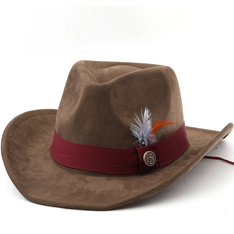 Chapeau De Cow-Boy Western Simili Daim Large Bord Avec Plume Badge Métallique Style Bohème Vintage Pour Hommes Femmes