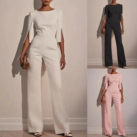 Damen Jumpsuit Elegant Künstliche Perlen Bestickt Schlitzärmel Weites Bein Slim Fit Formal Büro Abend Mode Polyester