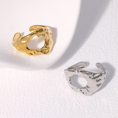 Anello Texture Lava Irregolare Acciaio Inossidabile Placcato Oro 18K Regolabile Aperto Asimmetrico Gioielli Metallo Fluido Donna