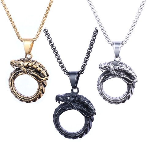 Retro Dragon Ouroboros Pendant Necklace Stainless Steel Punk Gothic Totem Jewelry Unisex