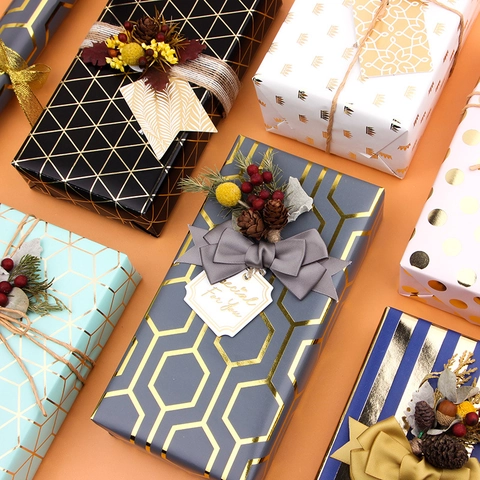 Gold Foil Gift Wrapping Paper Art Paper Geometric Patterns Dots Stripes For Birthday Christmas Wedding Holiday