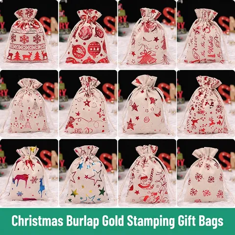 Christmas Drawstring Gift Bags Cotton Linen Burlap Bronzing Reindeer Snowflake Candy Pouch Holiday Party Packaging Decor
