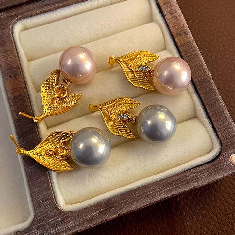 Französische Vintage Kupfer Blatt Schmetterling Herz Ohrringe Mit Strass Künstliche Perle 925 Sterlingsilber Ohrstecker-Stift Für Damen