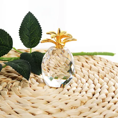 Ornement Ananas En Cristal Figurine Fruit En Verre Facetté Déco Table Maison Feuille Métal Doré Cadeau Moderne