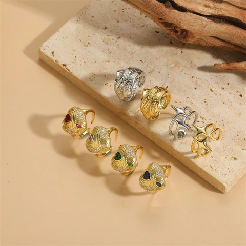 Anillo Corazón Personalizado Vintage Francés para Mujer Cobre Circonia Abierto Ajustable Estrella de Mar Anillo Geométrico Joyería