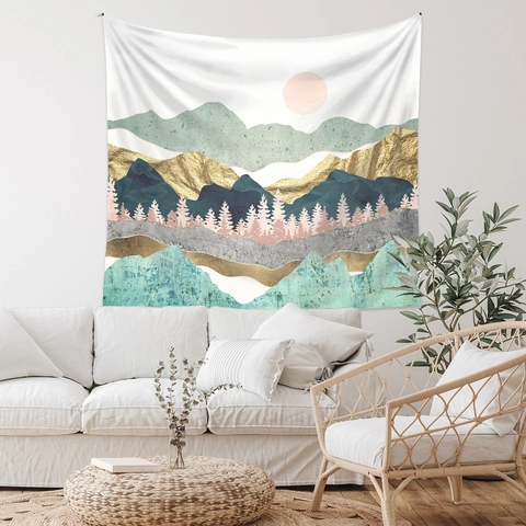 Arazzo Da Parete Paesaggio Astratto Tessuto Poliestere Stile Boho Montagna Sole Foresta Decorazione Camera