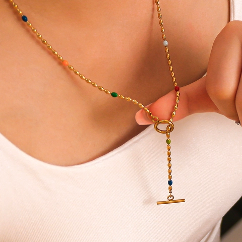 Collar Francés Vintage Con Cuentas de Colores y Cierre de Palanca Joyería Minimalista de Acero Inoxidable Chapada en Oro
