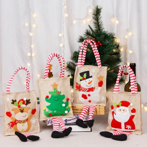 Sacchetti Regalo Natale Iuta Lino 3D Babbo Natale Pupazzo Di Neve Renna Albero Gambe Lunghe Manico Righe Caramelle