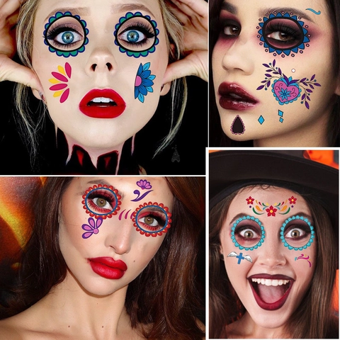 Halloween Face Temporary Tattoo Stickers Waterproof Cartoon Sugar Skull Floral Design For Festival Party Makeup