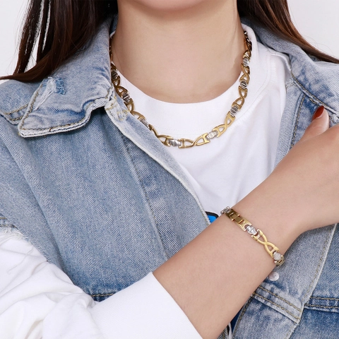 Two Tone Stainless Steel Necklace And Bracelet Jewelry Trendy Geometric X Link Infinity Design For Women