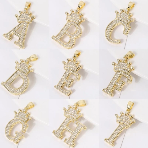 Ciondolo Lettera Corona Rame Placcato Oro Zirconia Cubica Gioielli Moda Hip Hop Per Donne Accessorio
