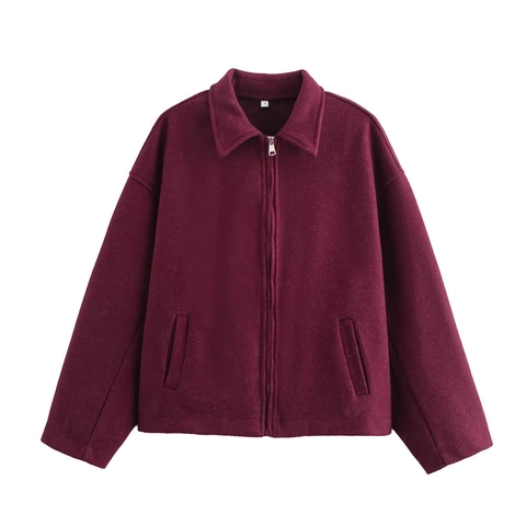Women Vintage Woolen Look Jacket Zipper Up Turn Down Collar Long Sleeve Short Coat Loose Fit Retro Outerwear Polyester