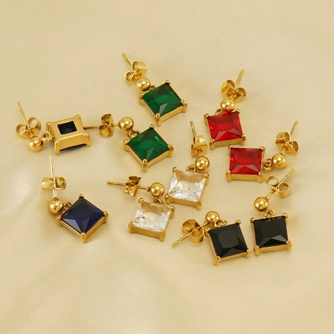 Square Cubic Zirconia Drop Earrings For Women 18K Gold Plated Stainless Steel Minimalist Geometric Jewelry
