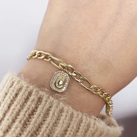 Bracciale Con Ciondolo A Lettera Acciaio Inossidabile Zircone Ottagonale Quadrato Piastra Iniziale Gioielli Eleganti Da Donna