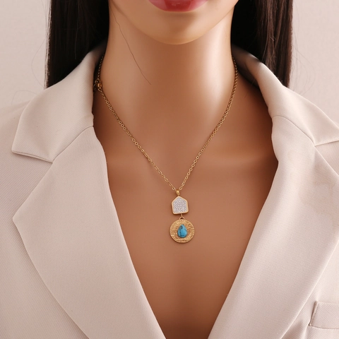 Collier Pendentif Goutte D'eau En Acier Inoxydable Strass Complet Turquoise Chaîne Clavicule Bohème Rétro Pour Femmes