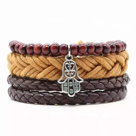 Juego de Pulseras Tejidas de Cuero Vintage Multicapa Mapa de África Búho Colgante de Mano de Fátima Pulseras de Cuentas Étnicas para Hombres Mujeres Joyería