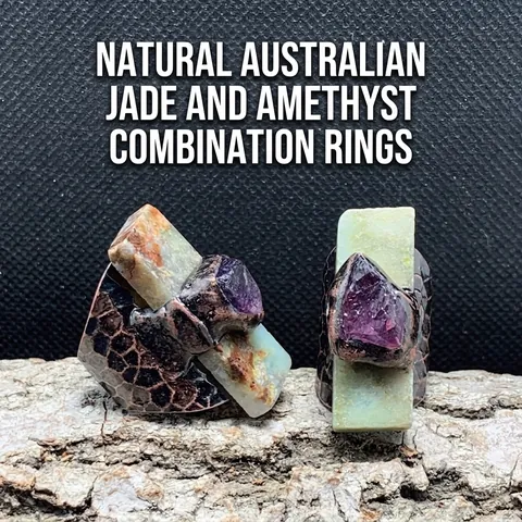 Adjustable Open Ring Vintage Copper Natural Amethyst Raw Stone Australian Jade Hammered Texture Boho Ethnic Jewelry Women