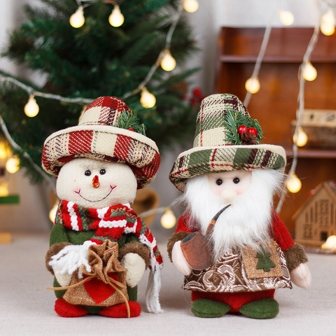 Christmas Plush Doll Decoration Santa Claus Snowman Plaid Hat Knit Fabric Desktop Ornament Festive Holiday Vintage Style