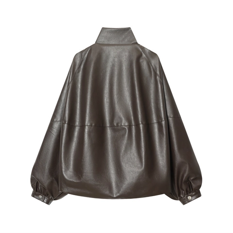 Giacca Da Donna In Ecopelle PU Collo Alto Cerniera Maniche A Lanterna Oversize Streetwear Biker Cappotto Marrone Scuro
