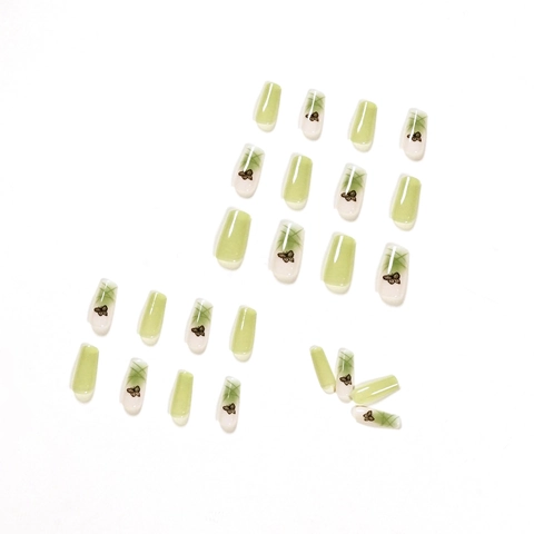 Uñas Postizas A Presión Verde Matcha Transparente Ataúd Largo Patrón Mariposa Uñas Artificiales Manicura