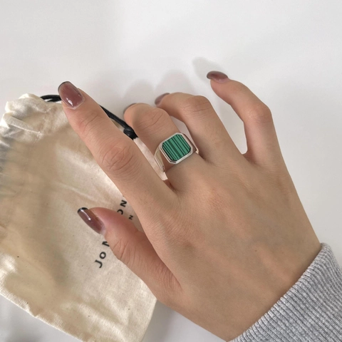 Anello In Argento Sterling 925 Con Malachite Verde Rettangolare Texture Geometrica Semplice Gioielli Unisex Minimalisti