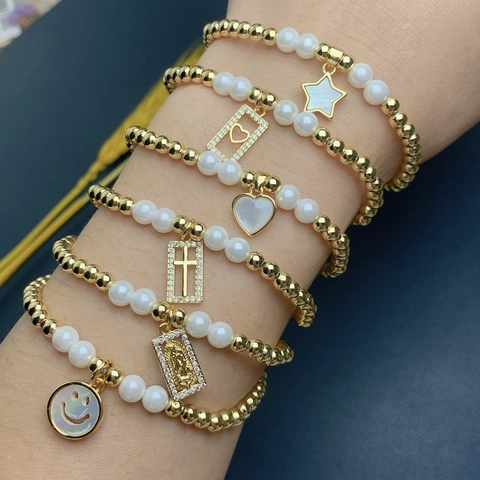 Copper Beaded Bracelet With Faux Artificial Pearl Shell Heart Cross Virgin Mary Star Smiley Charms Zircon Boho Elastic Stackable