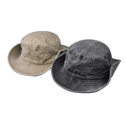 Outdoor Washed Cotton Bucket Hat Foldable Breathable Sun Protection Hiking Fishing Distressed Vintage With Chin Strap