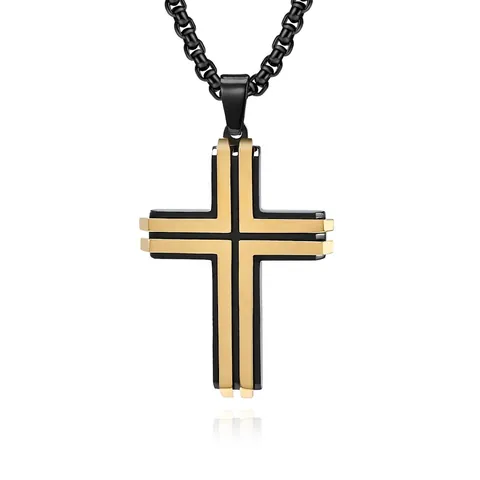Cross Pendant Necklace Stainless Steel Double Layer Two Tone Beveled Edge Polished Trendy Punk Jewelry For Men