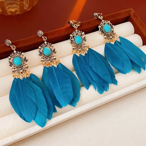 Bohème Feder Tropfen Ohrringe Vintage Ethnic Legierung Strass Synthetischer Türkis Mit Silver Earring Post Für Damen