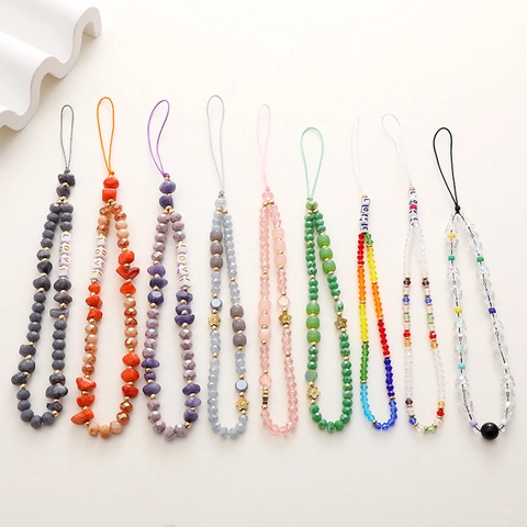 Phone Lanyard Crystal Resin Beaded Wrist Strap With Metal Flowers LOVE Letters Anti-Lost Hand Accessory Bohemian Charm