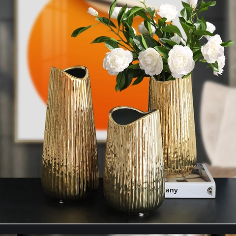Jarrón De Cerámica Dorada Y Ramo De Flores Artificiales Cerámica Galvanizada De Lujo Nórdico Para Decoración De Mesa