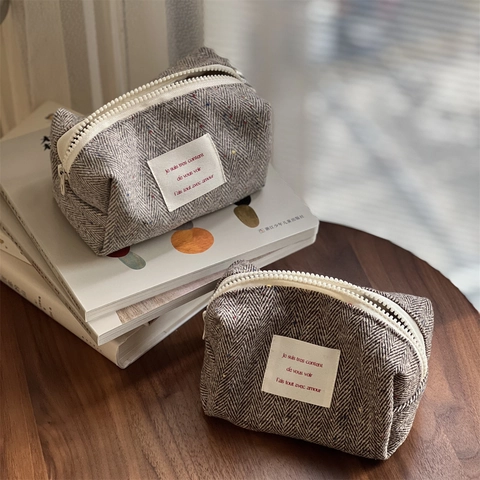 Herringbone Woolen Kosmetiktasche Retro Tweed Makeup Beutel Bunte Punkt Muster Reißverschluss Tragbare Reise Aufbewahrung