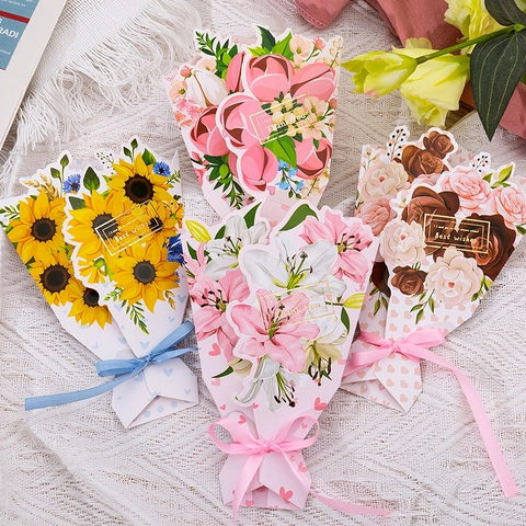 Bouquet Shaped Greeting Card 3D Flower Cardstock Ribbon Bow Gold Stamping Valentine Christmas Birthday Best Wishes