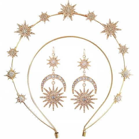 Baroque Sun Moon Star Jewelry For Women Alloy Rhinestone Headband And Dangle Earrings Bohemian Party Wedding Accessories