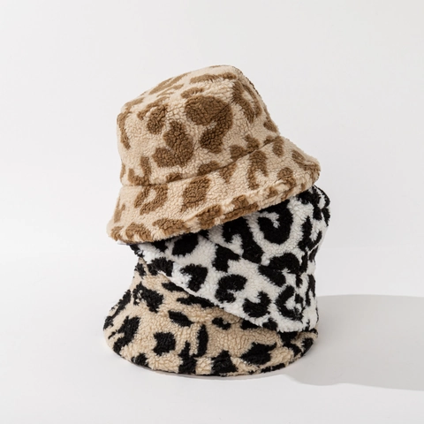 Leopardenmuster Kunstlammwolle Fischerhut Winter Warm Flauschig Dick Schick Winddicht Outdoor Damen Herren