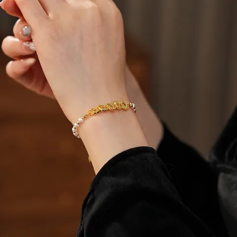 Imitation Artificial Pearl Beaded Bracelet Zircon Pave Interlocking Rings Copper Adjustable Hand Jewelry For Women Retro Elegant