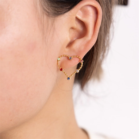 Orecchini A Lobo Cuore Acciaio Inossidabile Zircone Colorato Bordo Perlato Gioielli Eleganti Per Donna